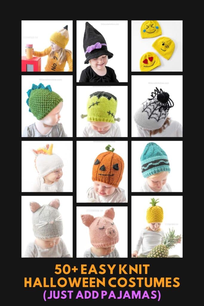 A charming grid showcases babies in adorable knit Halloween costumes, featuring a yellow hat with a pom-pom, a black witch hat, emoji face hats, dinosaur spikes, Frankenstein stitches, spiderwebs, crowns, pumpkins, owls, cat ears, pig snouts, and pineapple tops. Text: