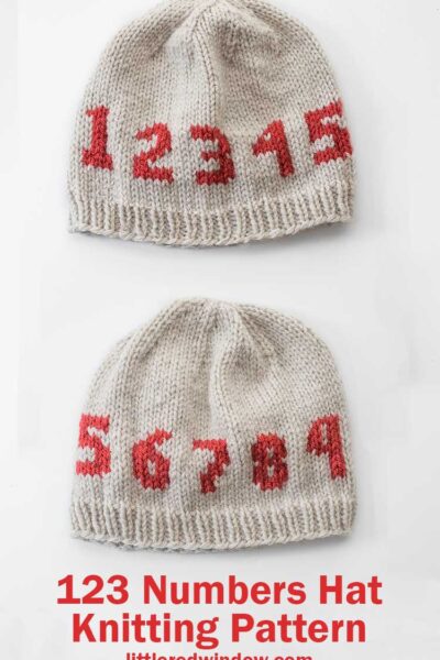 two tan knit hats on a white back ground with the numbers 1 through 5 knit in red on the top hat and 5 through 9 on the bottom one