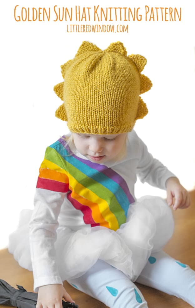 Golden Sun Hat knitting pattern, a fun, charming, bright pattern for your little sunshine, in newborn, baby and toddler sizes!