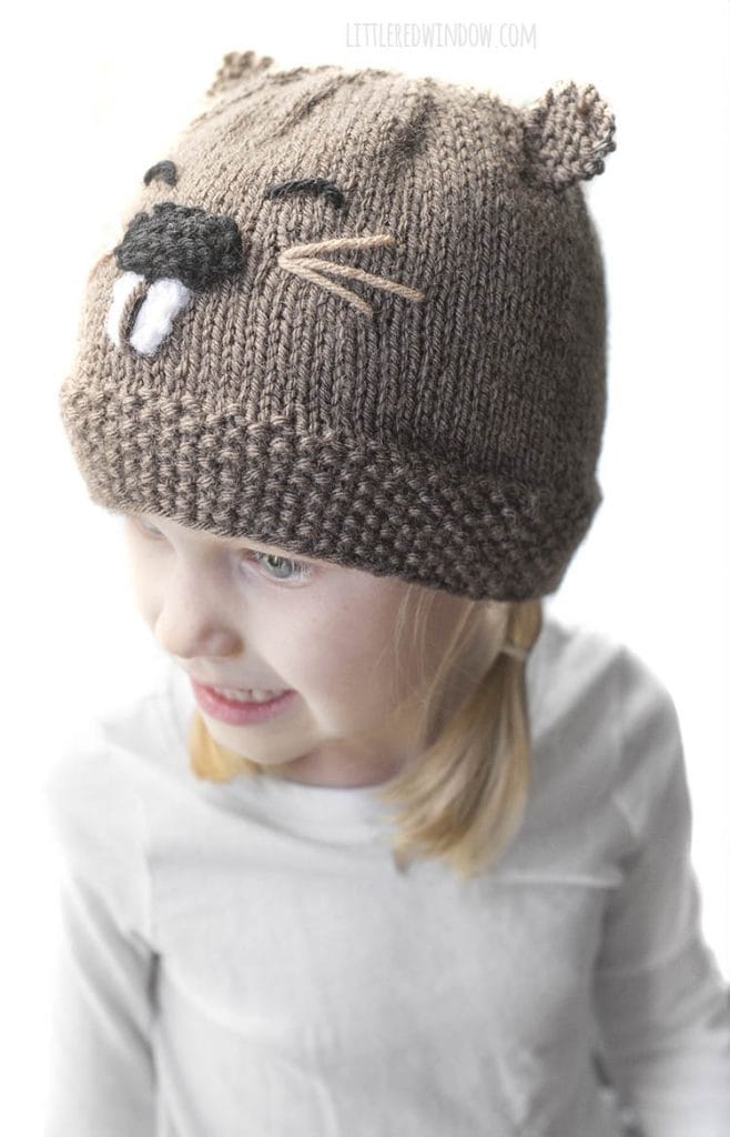 closeup of beaver face details on the busy beaver hat knitting pattern