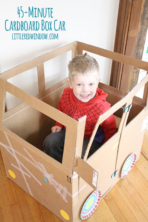 45 Minute Cardboard Box Car| littleredwindow.com | Not all crafts have to be perfect and pinterest-worthy, this cardboard box car is fun to make WITH your kids and is done in less than an hour!