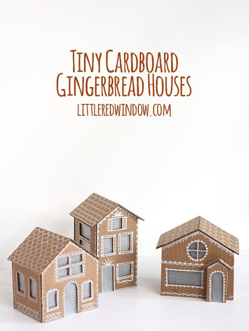Tiny Cardboard Gingerbread Houses | littleredwindow.com | Make these adorable little Gingerbread Houses out of cardboard, they even light up!