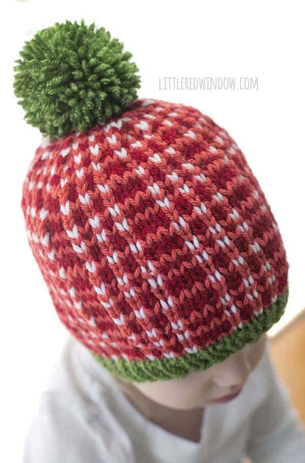 Cute trio of Christmas Plaid Hat knitting patterns, these adorable plaid hats in bright holiday colors make great gifts and will look so cute in photos!