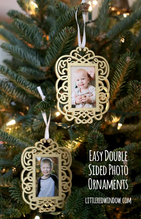 Super quick and easy DIY Double Sided Photo Ornaments for your Christmas Tree! | littleredwindow.com