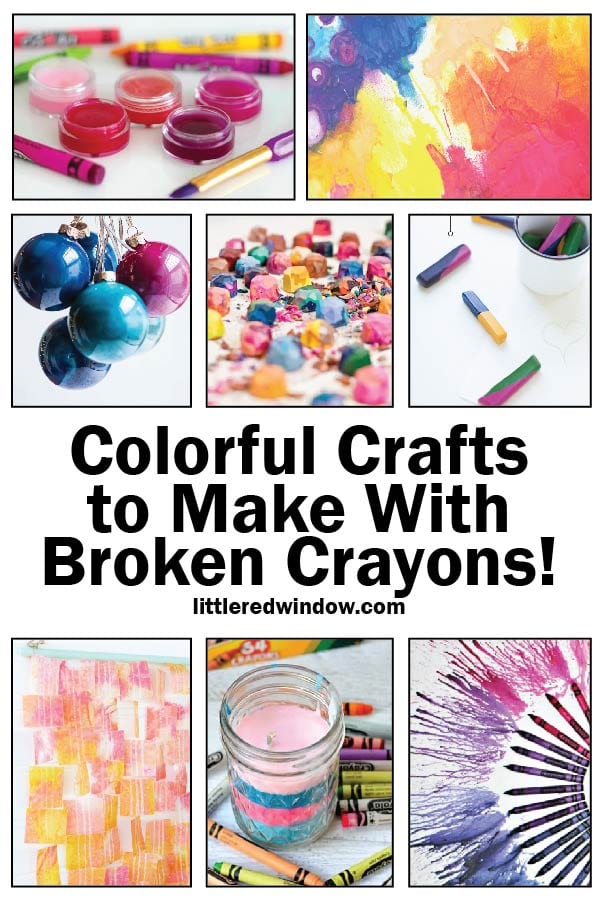 image showing eight different craft projects to make with old broken crayons