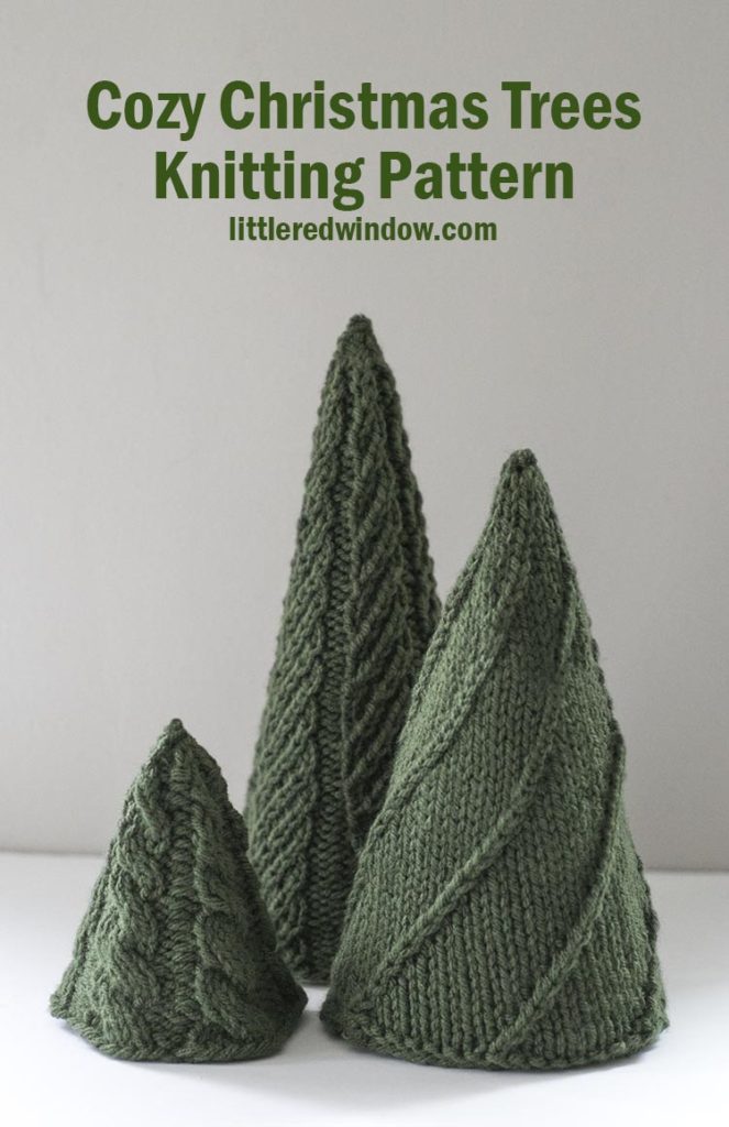 Knit three adorable Christmas trees for the holiday season with the EASY Cozy Christmas Tree Knitting Patterns!