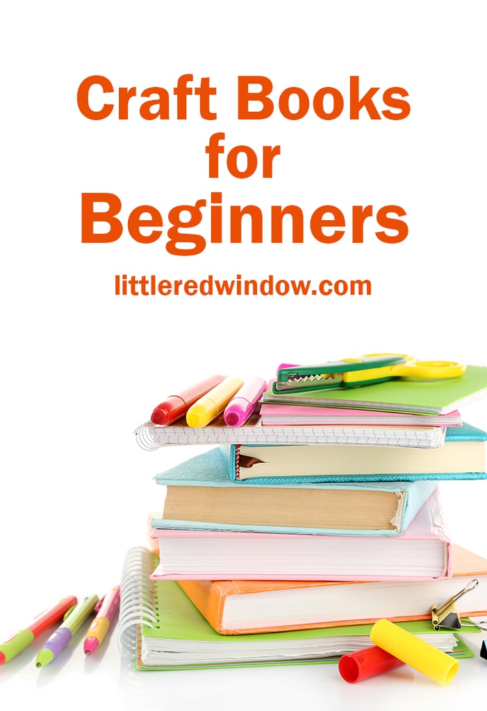 Stack of books and stationery isolated on white with words craft books for beginners