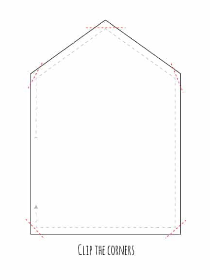 Line drawing showing how to clip the corners of the sewn clutch