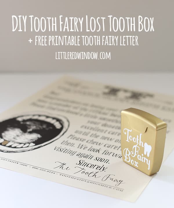 gold tooth fairy box made from a dental floss container sitting ontop of a printed letter from the tooth fairy