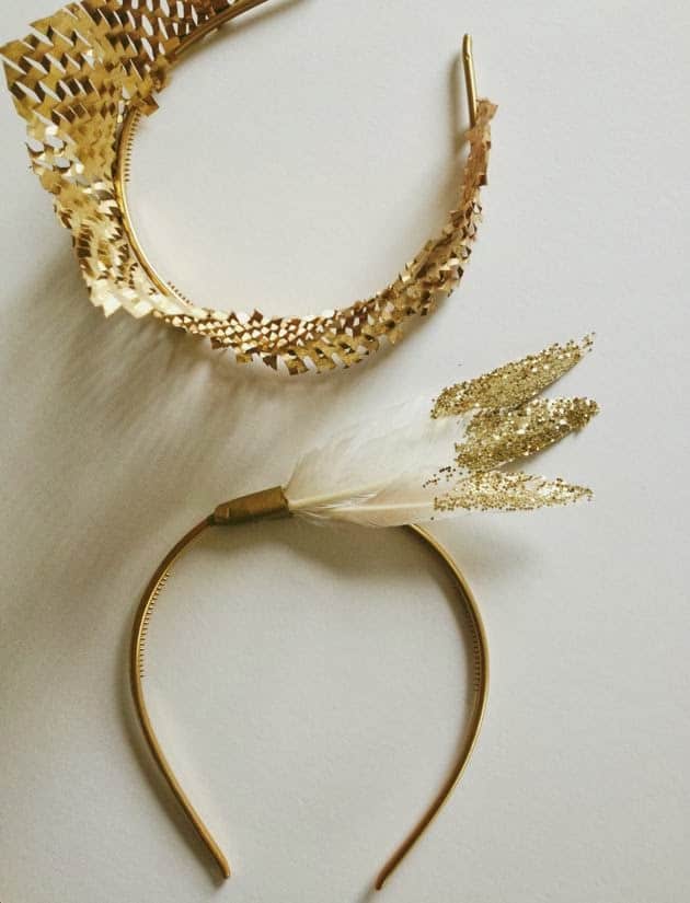 heandband with feathers dipped in gold glitter