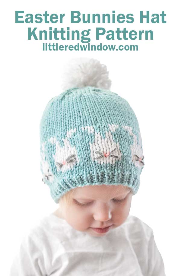 A child wears a charming light blue knit hat adorned with an Easter bunny pattern and a white pom-pom. The text above says 