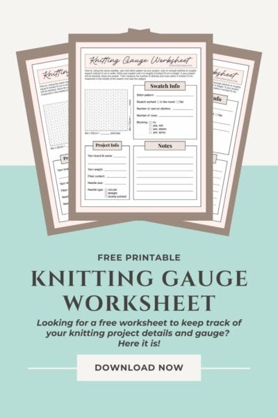 Three knitting gauge worksheet printables are displayed above bold text reading, "Free Printable Knitting Gauge Worksheet." Additional text invites users to download the worksheet to track knitting project details.