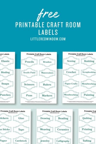 A promotional image for free printable craft room labels from littleredwindow.com. The page displays a variety of organized labels, including "Pencils," "Brushes," "Sewing," "Knitting," and "Jewelry," set against a teal background.