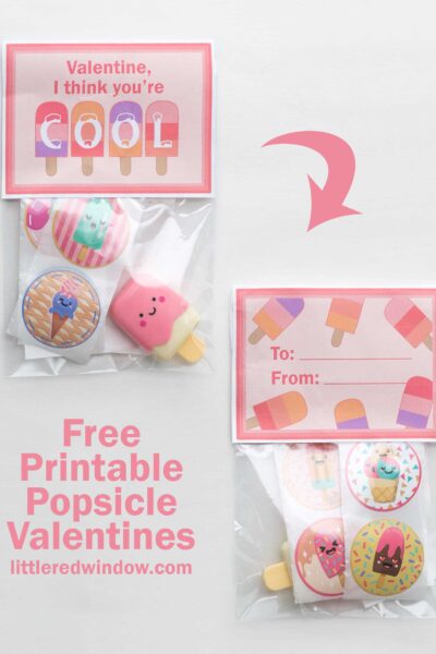 Two bags of popsicle-themed Valentine's Day cards and pins. Top reads, "Valentine, I think you're cool," with cartoon popsicles. Bottom has "To" and "From" spaces. Includes pastel designs and an arrow indicating assembly. Text: "Free Printable Popsicle Valentines.