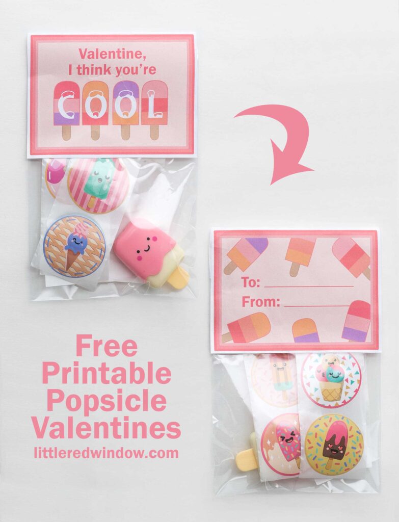 Two bags of popsicle-themed Valentine's Day cards and pins. Top reads,