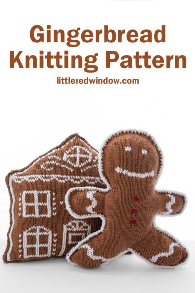 Knitted gingerbread man and house with decorative icing patterns on a white background. Text reads "Gingerbread Knitting Pattern" and "littleredwindow.com.