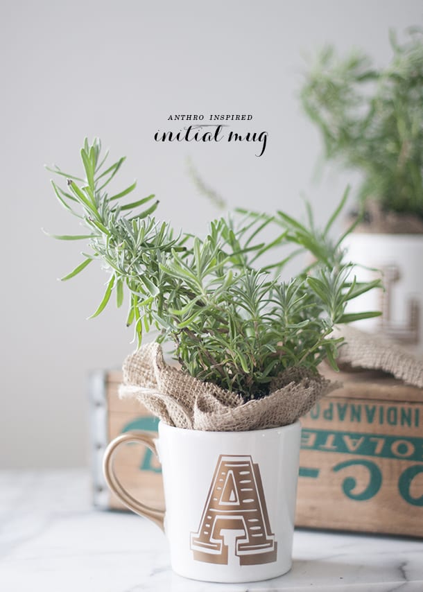 white mug with copper initial A on it