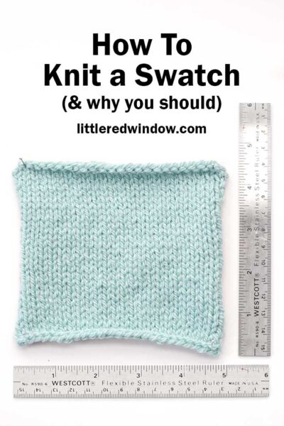 light blue square of knitting with two steel rulers below and on the right on a white background