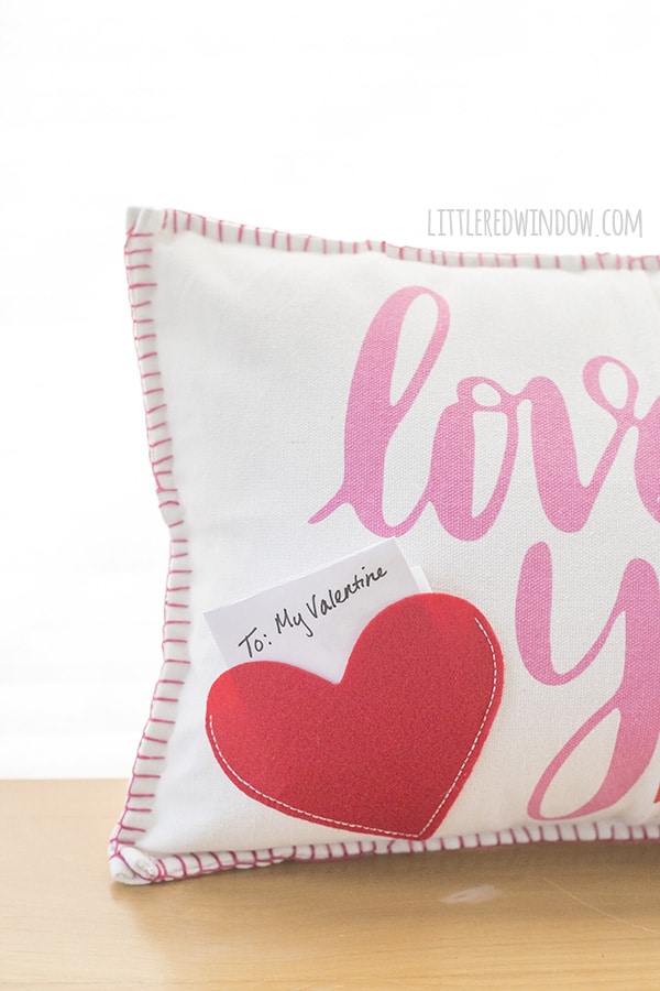Closeup of cute Valentine's Day placemat pillow!