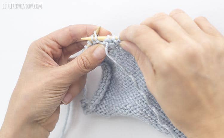 To p2tog, insert the right needle through the first two stitches on the left needle