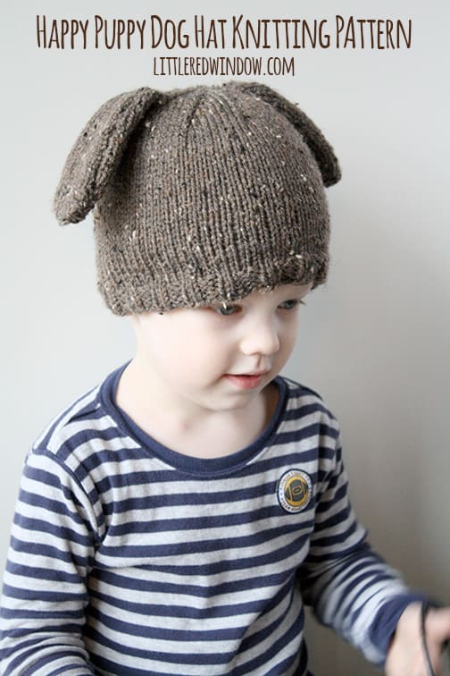 Little boy smiling and wearing a brown hat with puppy ears