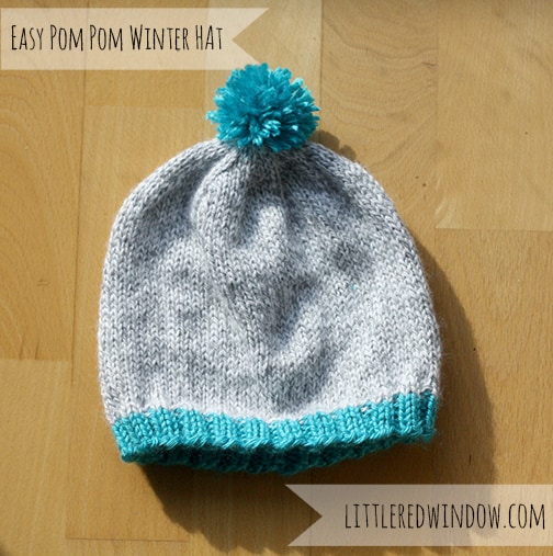 Easy Winter Pom Pom Hat Knitting Pattern from Little Red Window