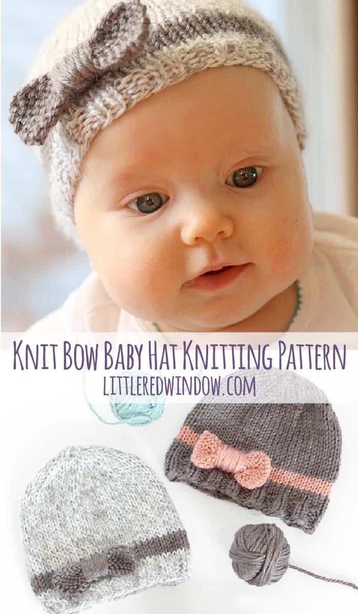 Knit Bow Baby Hat knitting pattern, adorable knit hat with simple bow with instructions available for sizes from newborn to toddler!