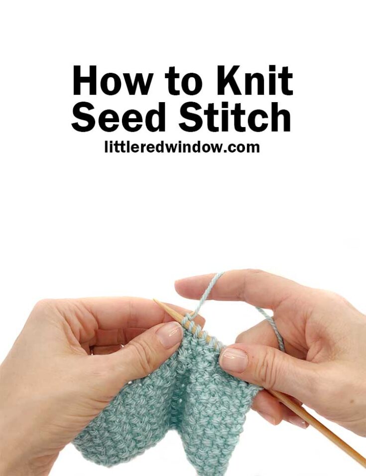 Two hands holding knitting needles and light blue yarn knitting the seed stitch pattern