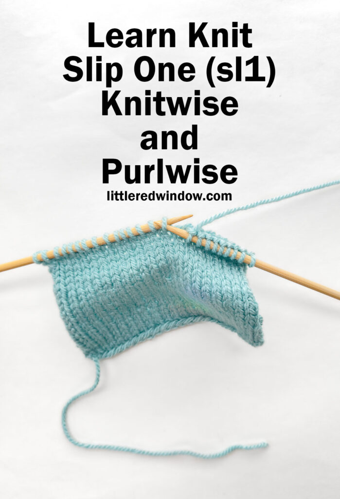 two wood knitting needles and a blue knit stockinette swatch in front of a white background