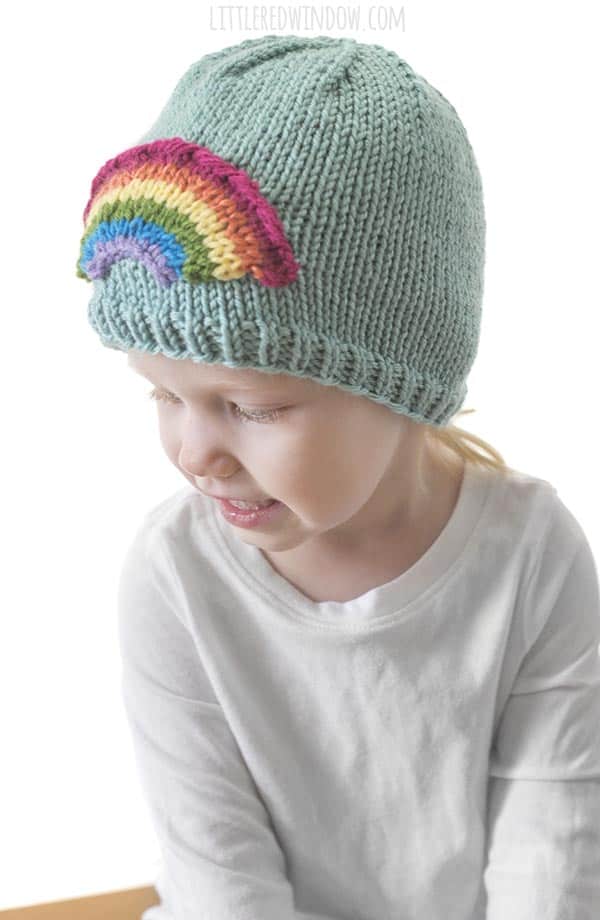 The Rainbow applique on the Little Rainbow Hat knitting pattern is so easy to knit!