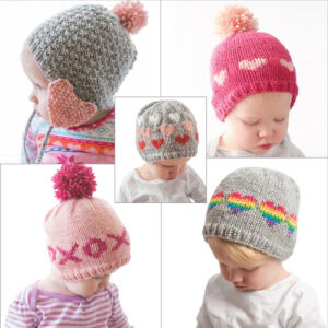 Five babies wearing colorful knitted hats with different designs. Top left: gray with pink ear flaps; top right: pink with heart pattern; center: gray with red hearts; bottom left: pink with