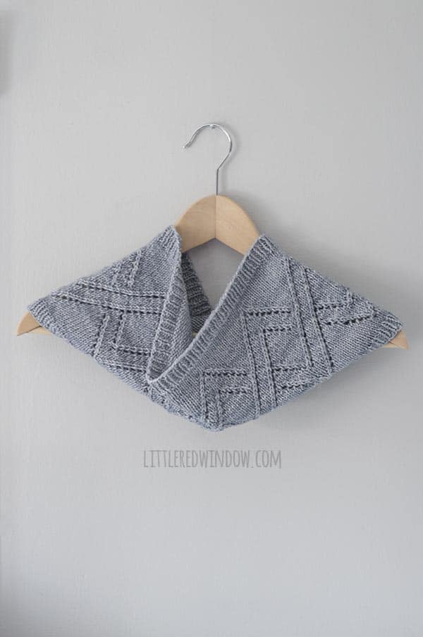 The Mary Lace Cable Cowl knitting pattern knit in DK yarn has a beautiful drape and pretty lace pattern!