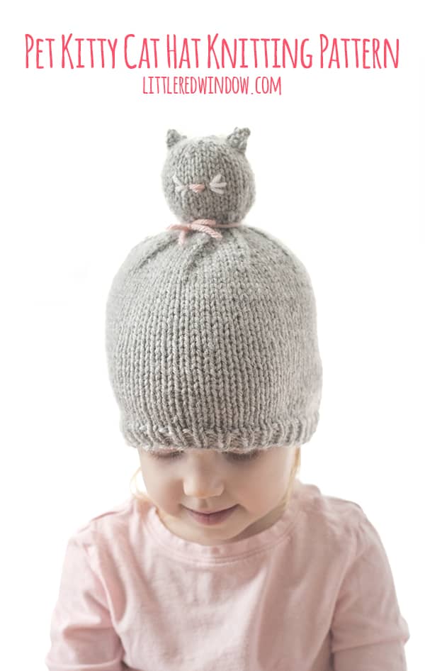 Pet Kitty Cat Pom Pom Hat Knitting Pattern, it's like a wearable stuffed animal for babies & toddlers!