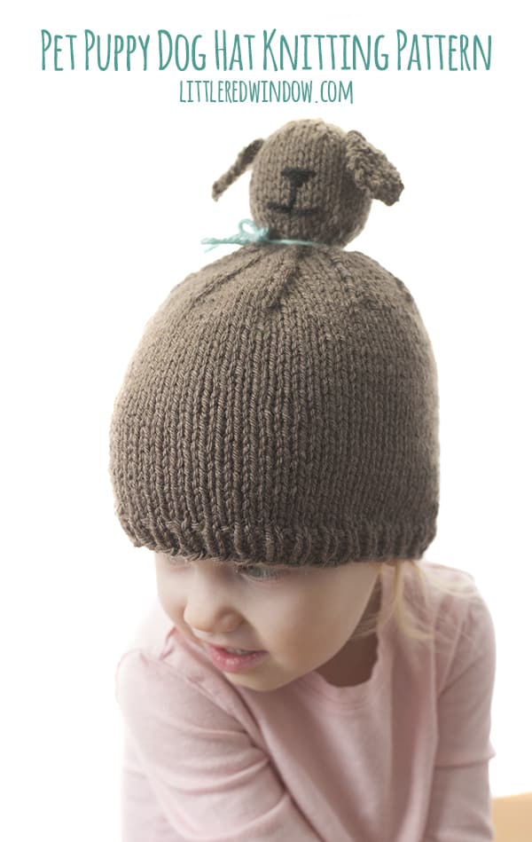 Pet Puppy Dog Pom Pom Hat Knitting Pattern, it's like a wearable stuffed animal for babies & toddlers!