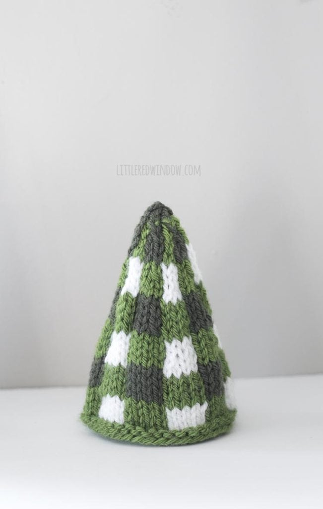 small green and white knit buffalo plaid christmas tree