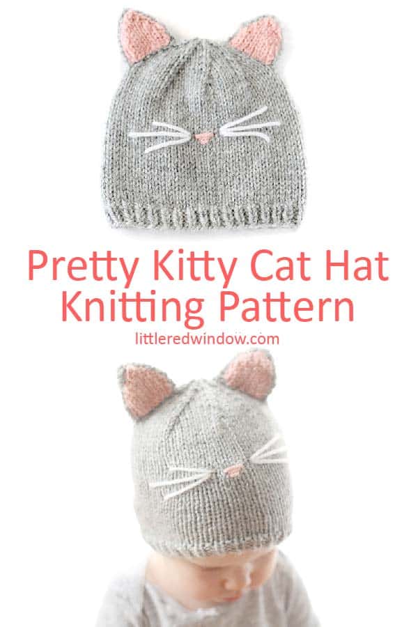 Flatlay view of Pretty Kitty Cat Hat Knitting Pattern!