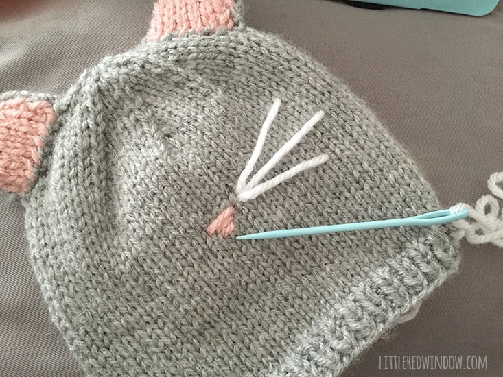 Cat hat with finished cat whiskers on the right side of the hat