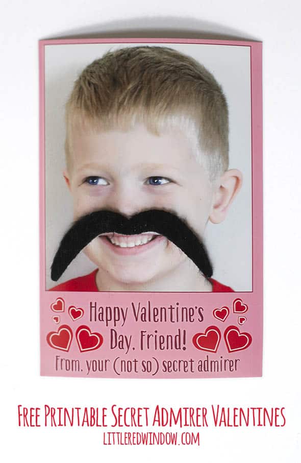 Adorable free printable secret admirer valentines, add your own photo and silly mustache disguise! | littleredwindow.com