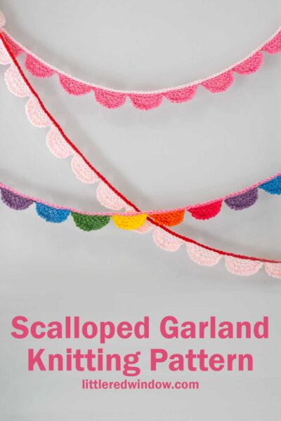 Colorful scalloped garlands made of yarn are displayed against a gray background. Each garland has a different color scheme, including pink, red, purple, blue, and multicolors. Text at the bottom reads: "Scalloped Garland Knitting Pattern littleredwindow.com.