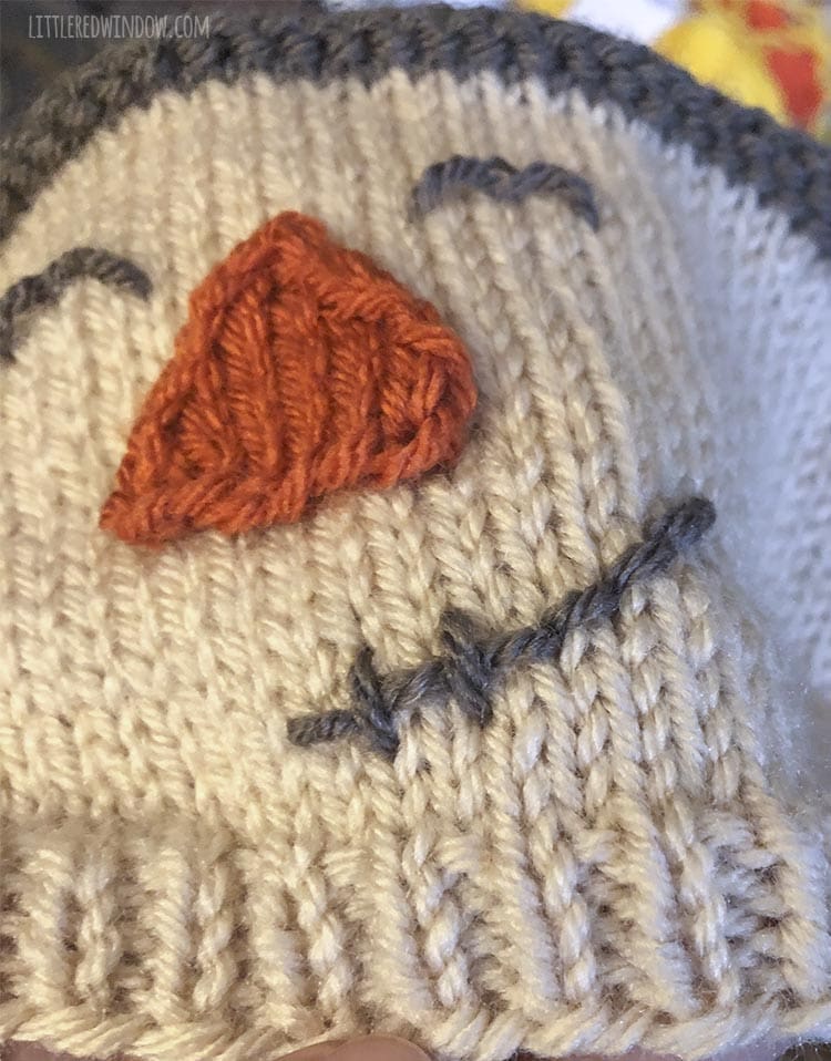 closeup of stitch detail on scarecrow mouth