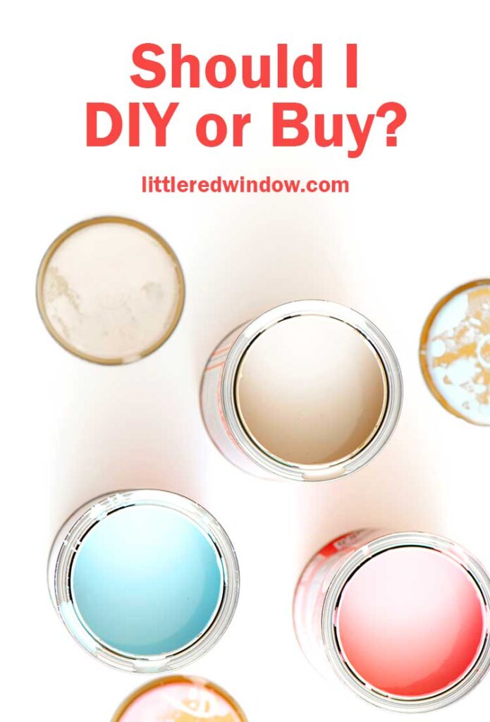 light blue pink and white paint cans from above on a white background with the words should I DIY or Buy?