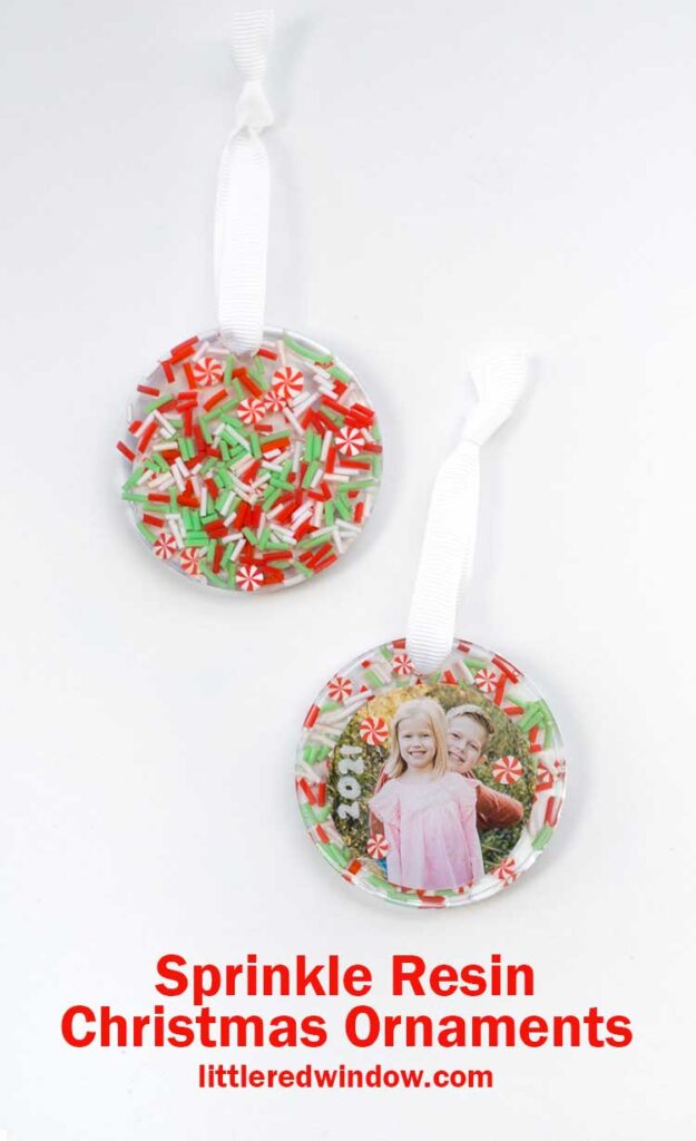 two finished resin christmas ornaments one showing the photo on the front and one showing the sprinkles on the back on a white background 