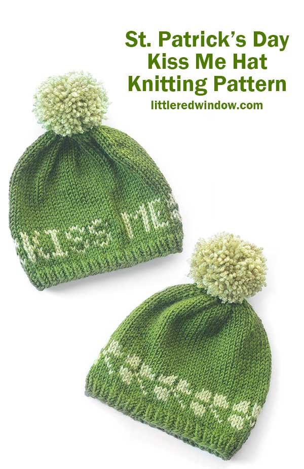 Two green knitted hats, perfect for St. Patrick's Day, with light green pom-poms. One hat displays 