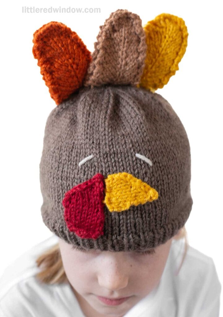 A child wearing a knitted hat resembling a turkey, with colorful feathers on top and a red and yellow beak on the front. The hat is brown, and the child is wearing a white shirt.