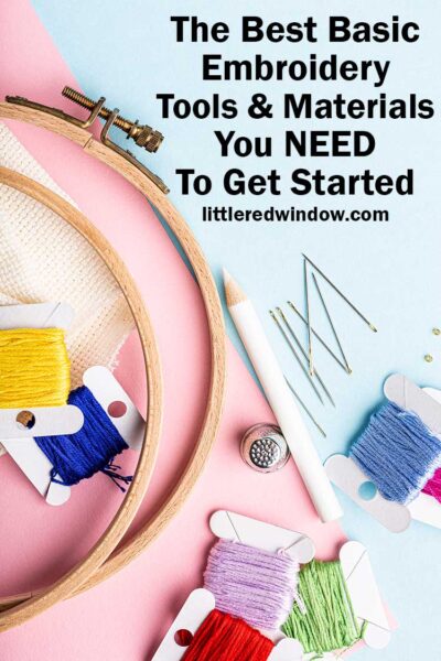 embroidery hoops embroidert floss sewing needles and other embroidey supplies laying on a light pink and light blue background