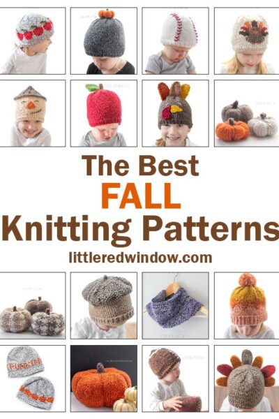 A collage of children wearing various fall-themed knit hats, including pumpkins, turkeys, and leaves. The text reads