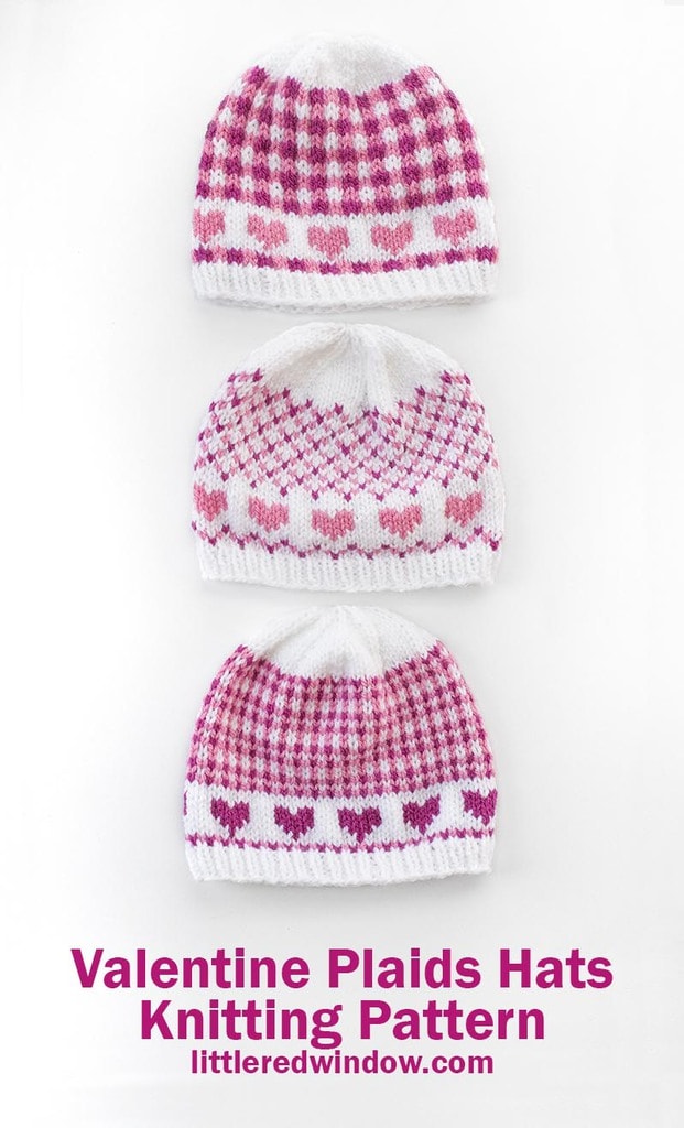 Mix and match all three patterns in any of four sizes for your baby or toddler with this cute Valentine Plaids Hats knitting pattern!