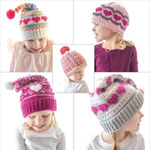 Five children wearing colorful, knitted hats with heart patterns. The hats vary in design and color, including pink, red, gray, and multicolored. The children are smiling and looking in different directions.