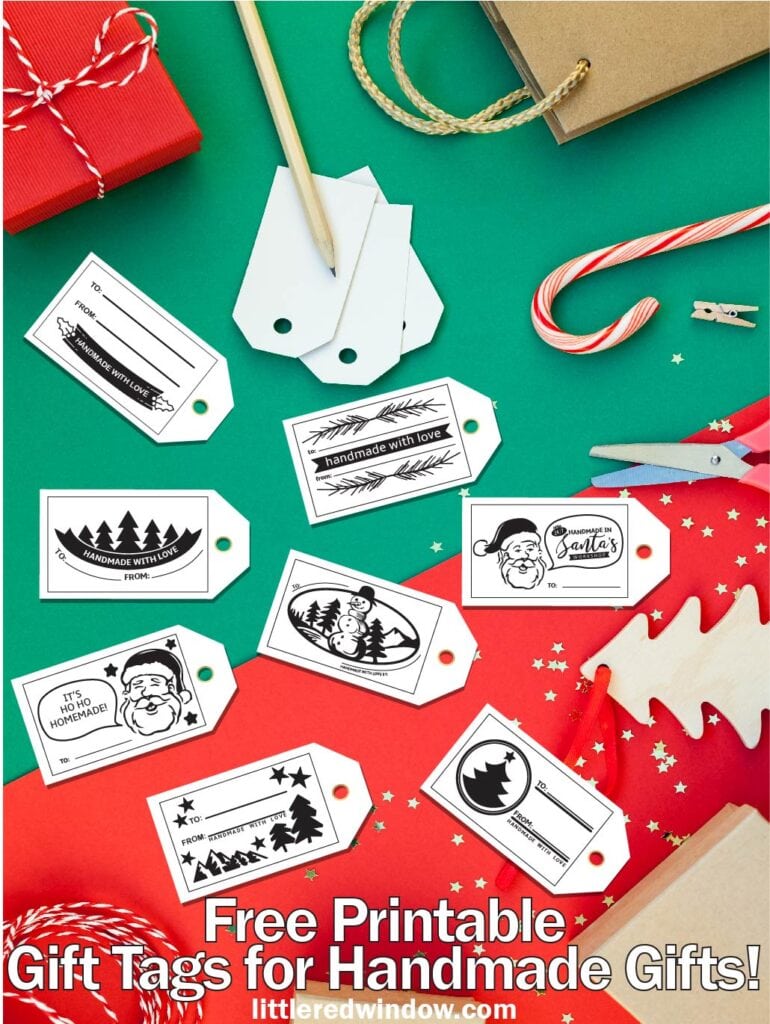 a varitey of christmas themed white gift tags on a red and green background with wrapping supplies