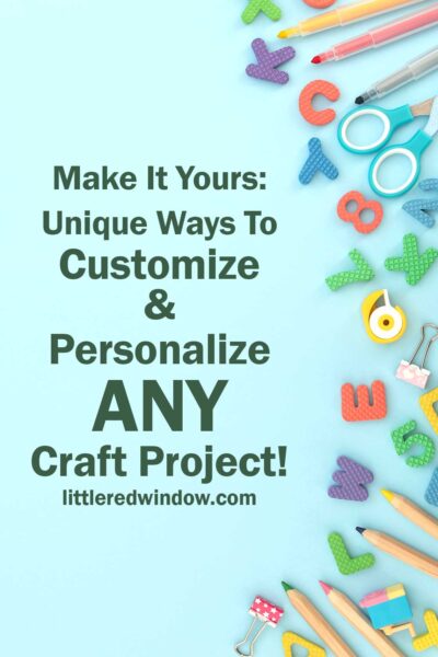 craft supplies and colorful alphabet letters along the right side of the image in front of a light teal background